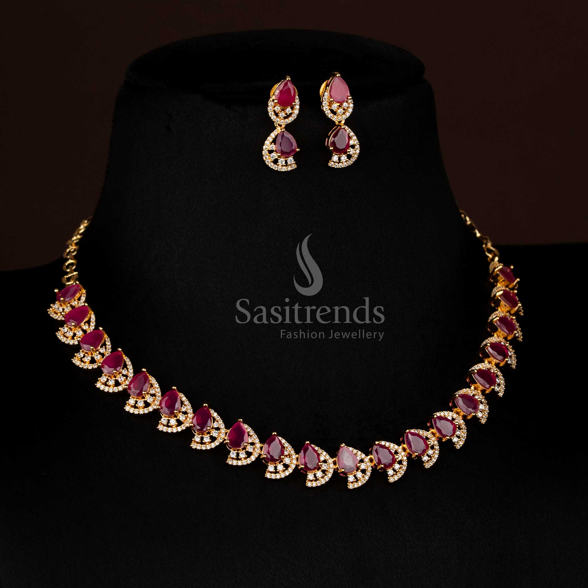 Glamorous ruby gold plated teardrop infinity necklace with sparkling American diamonds for luxury festive occasions - Sasitrends