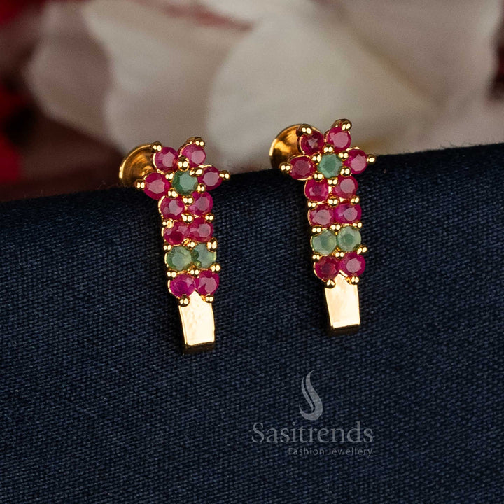 Elegant Ruby-Green Micro Gold Plated Floral AD Stone Earrings crafted with intricate floral detailing, bringing regal appeal and radiant grace for temple events and festive wear — Sasitrends