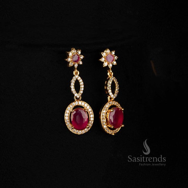 Dazzling Ruby American Diamond Micro Gold Plated Infinity Loop And Floral Earrings Set With Traditional Sparkle Jewellery - Sasitrends
