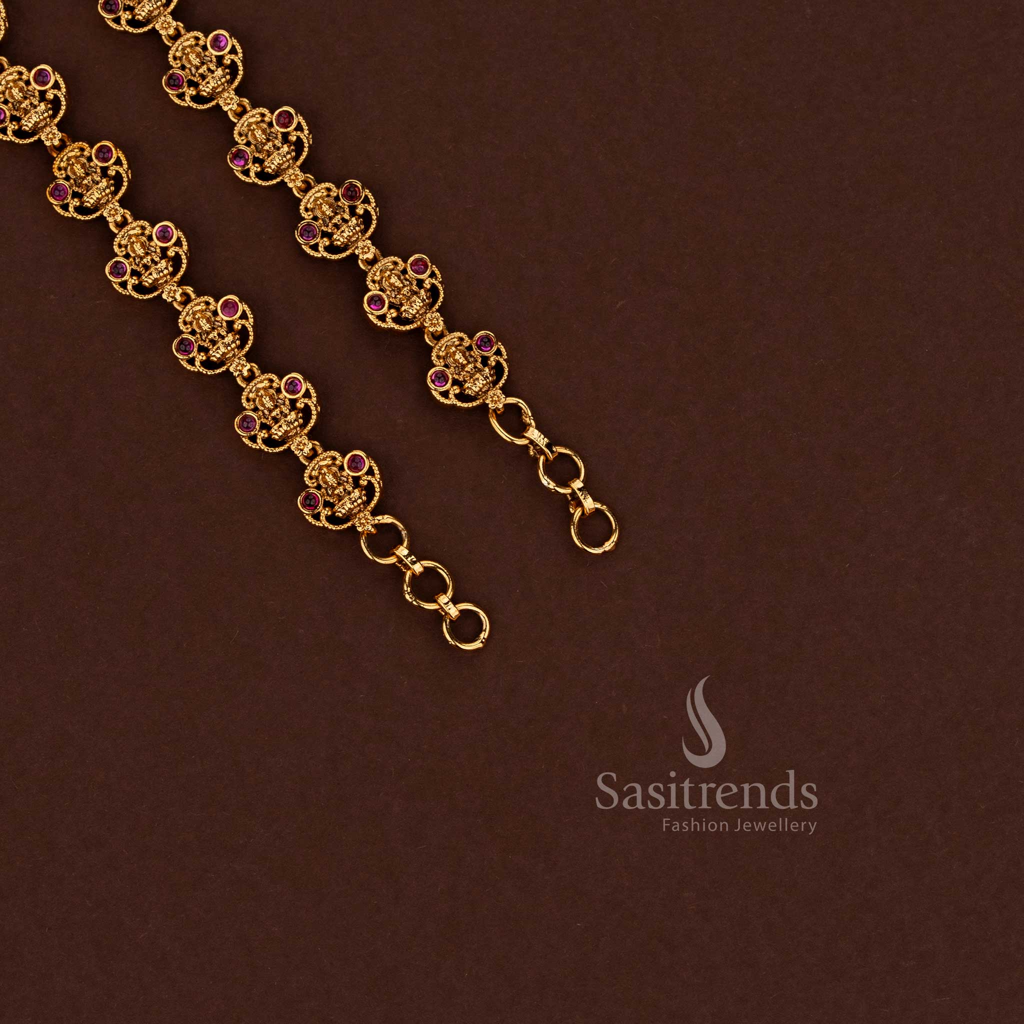 Radiant ruby filigree temple premium matte gold plated Lakshmi motif matil ear chain designed for ethnic saree styling, festive temple functions and cultural occasions - Sasitrends