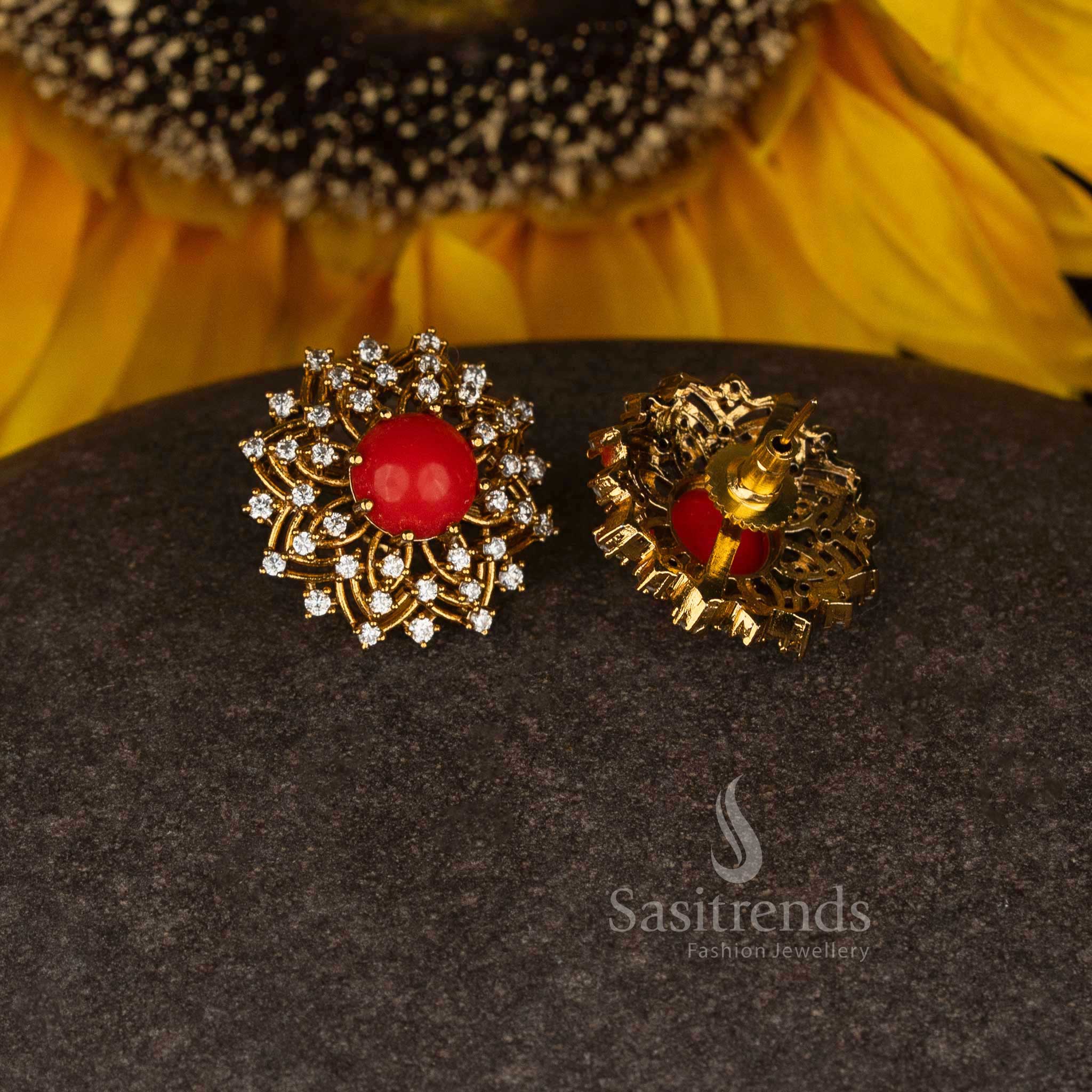 Charming sacred matte gold plated temple round filigree cluster stud earrings with pavalam and white stone details for cultural sophistication - Sasitrends