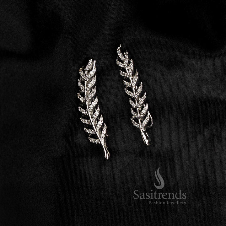 Shimmering silver fern leaf AD ear climber cuff earrings ideal for contemporary minimal outfits and sleek styling – Sasitrends
