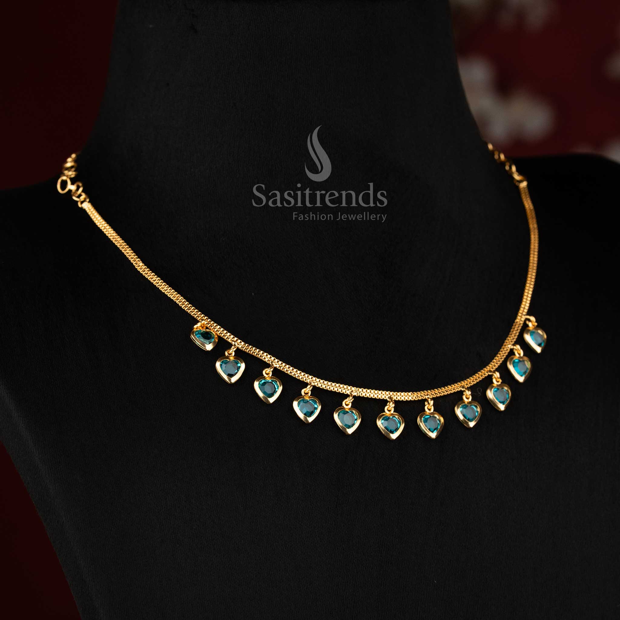 Charming sky blue big heart AD designer necklace with gold plated finish, ideal for festive outfits - Sasitrends