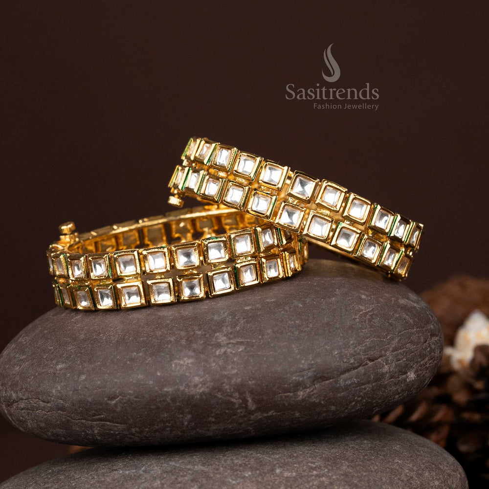 High gold square kundan bangles featuring glossy lustre and a luxury touch, crafted to enhance bridal sarees and ceremonial looks – Sasitrends