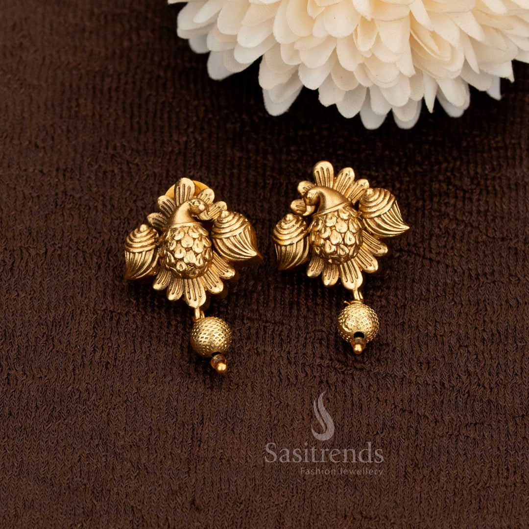 Premium temple matte gold plated earrings with intricate peacock design ideal for festive occasions and saree ensembles – Sasitrends