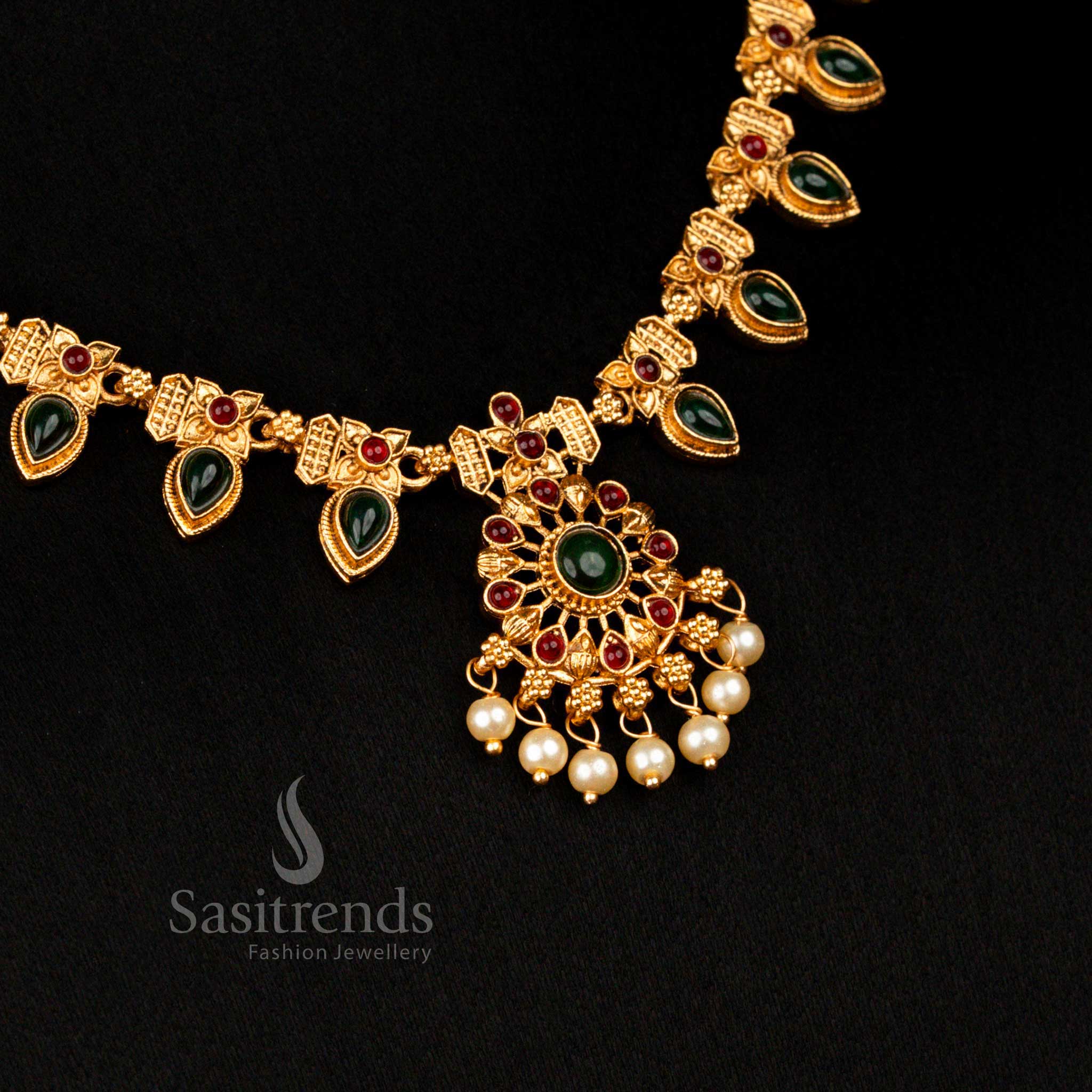 Festive Temple Matte Gold Plated Floral Teardrop Stone Ruby Green Pearl Necklace Set Jewellery – Sasitrends