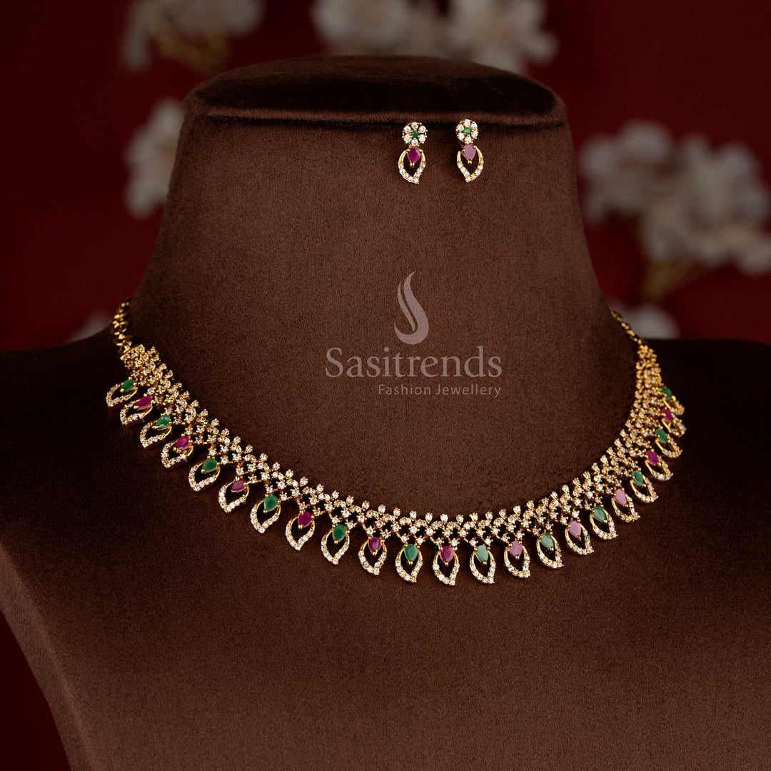 Grand temple matte gold plated multi mango leaf necklace set with American diamond earrings for elegant women’s festive wear – Sasitrends