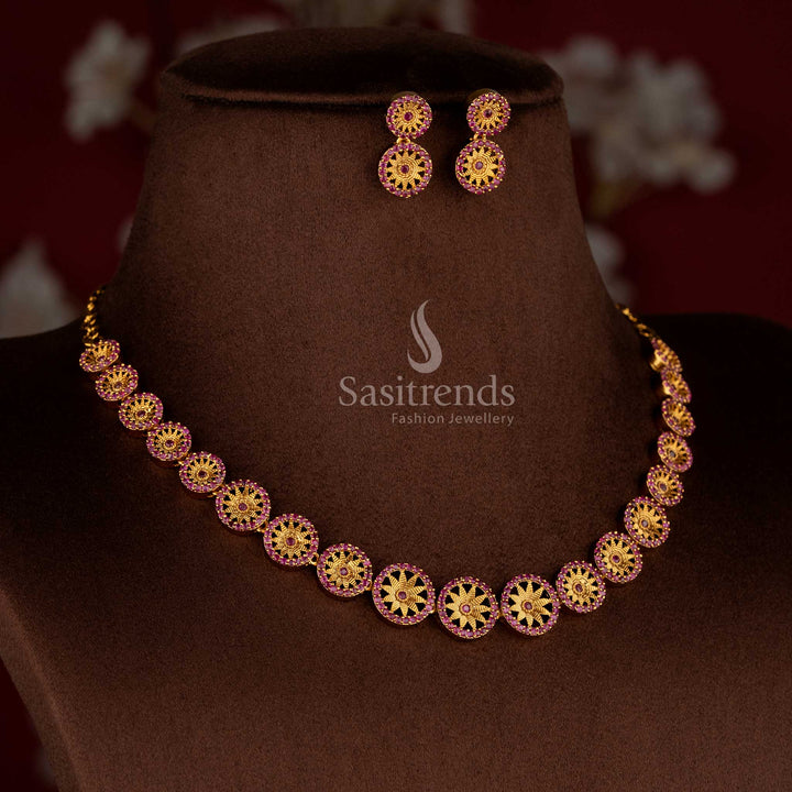Party Wear Leaf Chakara Pattern Necklace Jewellery Set: Green Stone, Ruby Accents, Temple Matte Gold Plated | Sasitrends