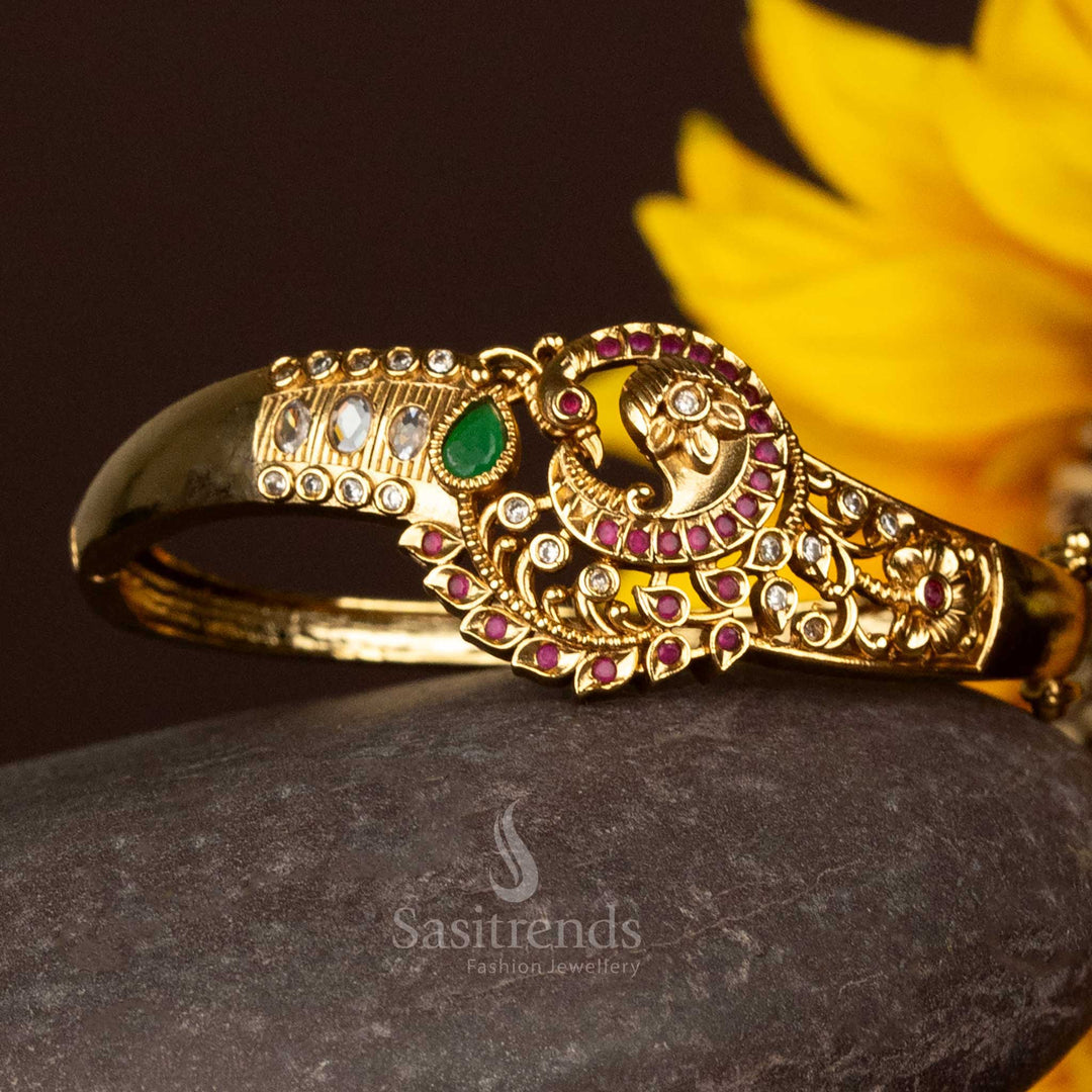 Stylish Matte Gold Plated Floral Peacock AD Stone Openable Single Kada Bracelet – Traditional Wedding Jewellery Sasitrends