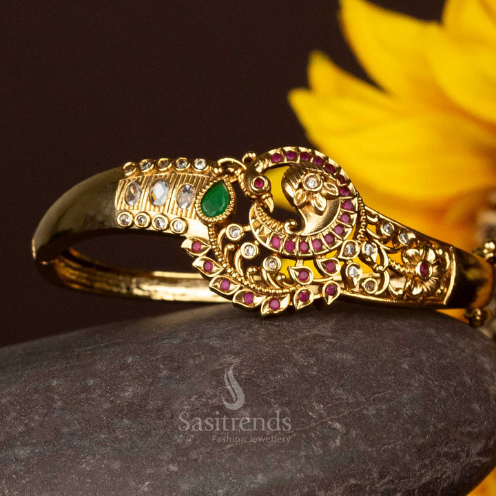 Stylish Matte Gold Plated Floral Peacock AD Stone Openable Single Kada Bracelet – Traditional Wedding Jewellery - Sasitrends