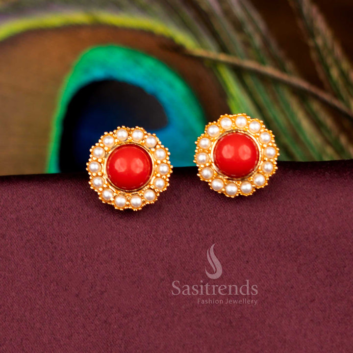 Ornate Micro Gold Plated Pearl-Pavalam Floral Stud Earrings Designed For Traditional Heritage Wear - Sasitrends