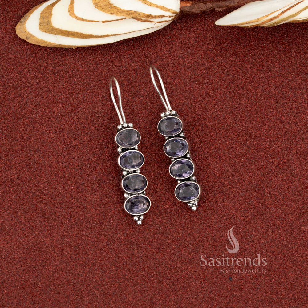 Vibrant violet oxidised vertical oval earrings perfect for social meetups and night parties – Sasitrends