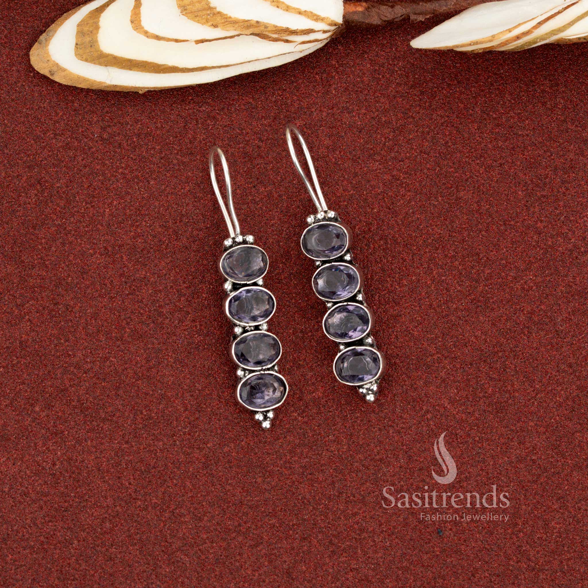 Vibrant violet oxidised vertical oval earrings perfect for social meetups and night parties – Sasitrends