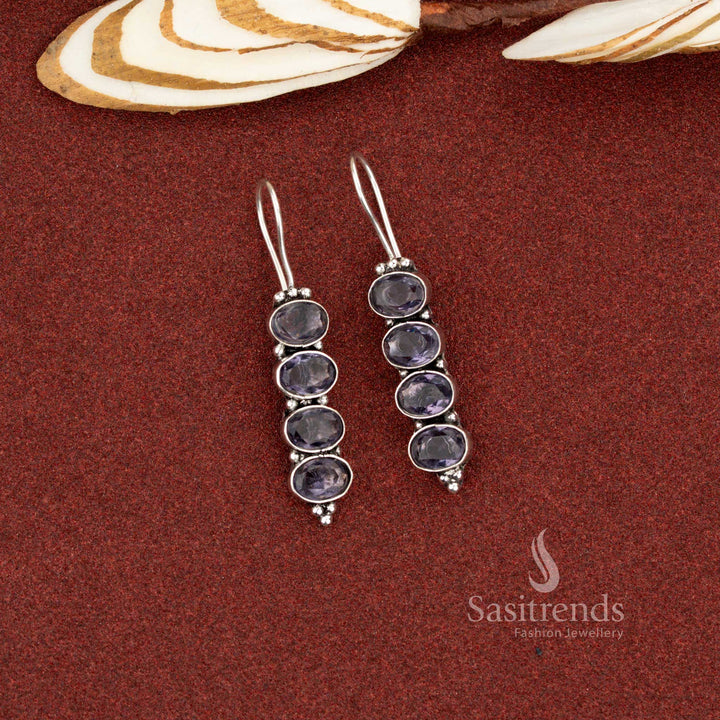 Vibrant violet oxidised vertical oval earrings perfect for social meetups and night parties – Sasitrends