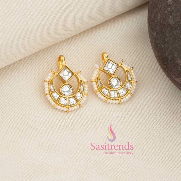 Pristine white 24K Jadau Kundan bugadi half moon earcuff earrings with refined square-round stone top and pearl drop detailing, perfect for temple ceremonies, calm day festivities and traditional attire - Sasitrends