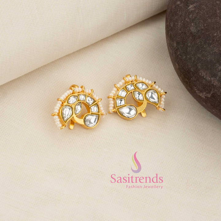 Radiant white Kundan peacock-face half-moon crescent bugadi earcuff with pearl fringe ideal for South Indian heritage and ceremonial jewellery – Sasitrends