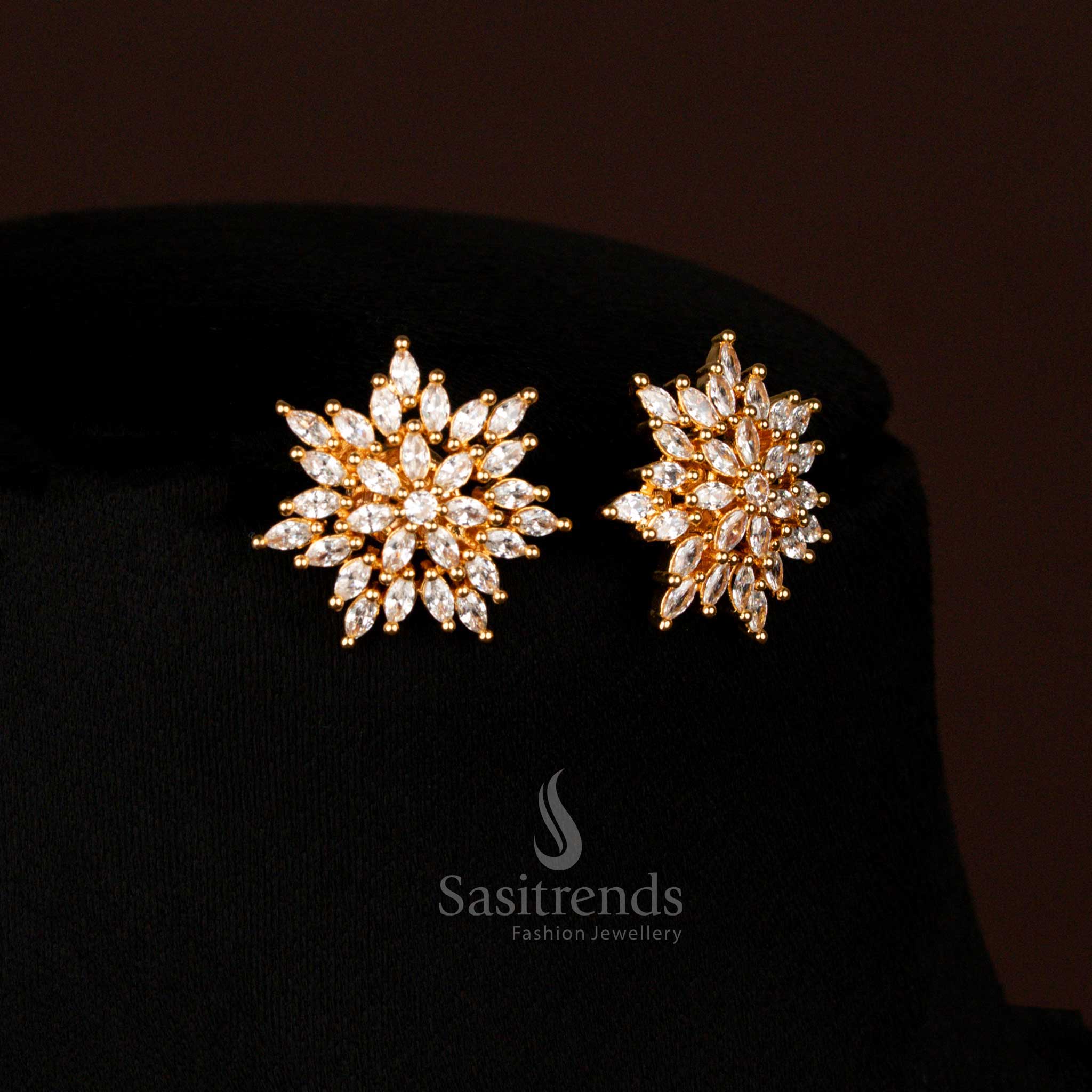Exquisite white Micro Gold Plated flower design earrings adorned with American Diamonds, perfect for bridal functions and parties – Sasitrends