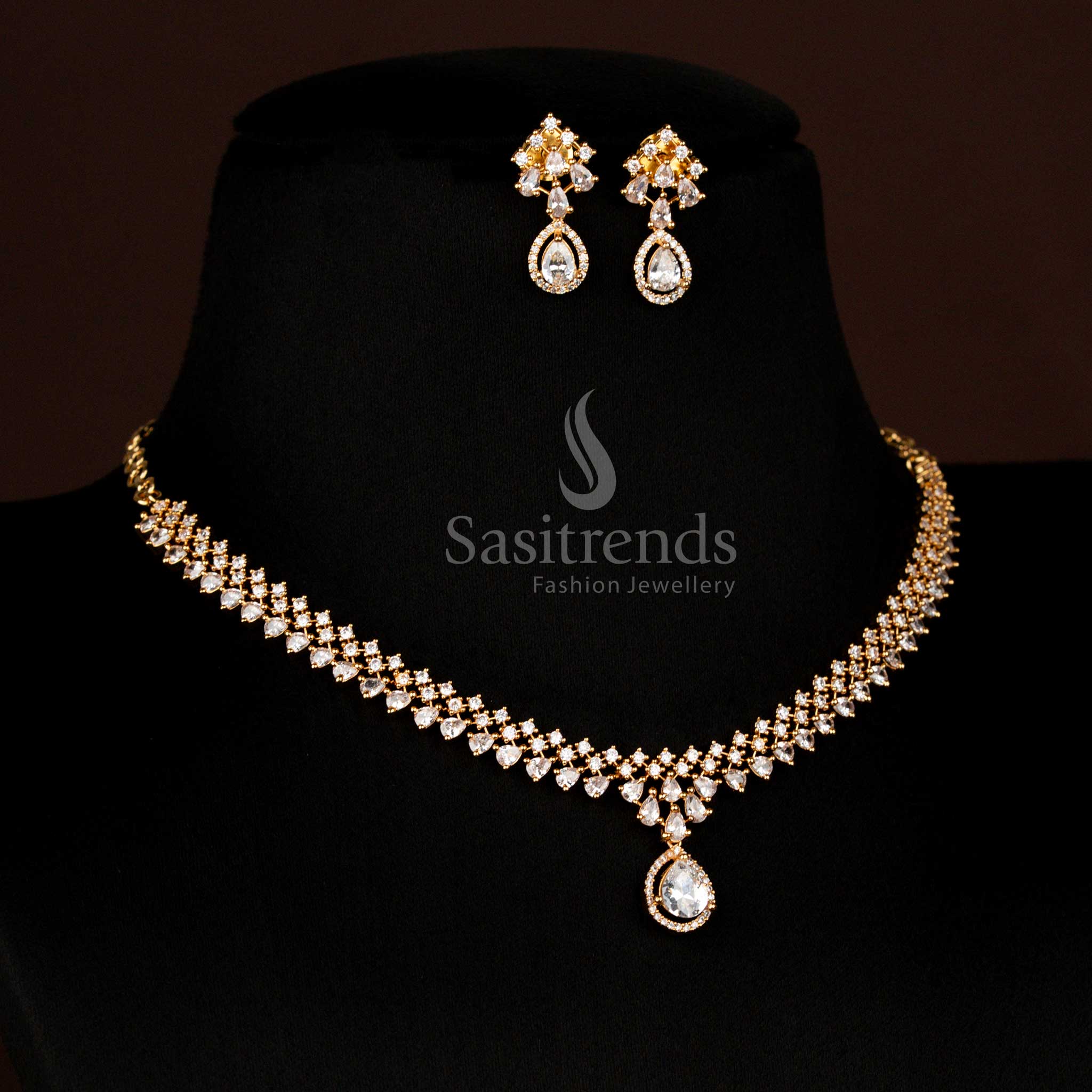 Radiant white Micro Gold Plated necklace with marquise stone and multi-line chain, perfect festive wear – Sasitrends