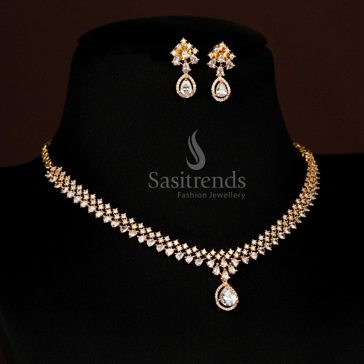 Radiant white Micro Gold Plated necklace with marquise stone and multi-line chain, perfect festive wear – Sasitrends