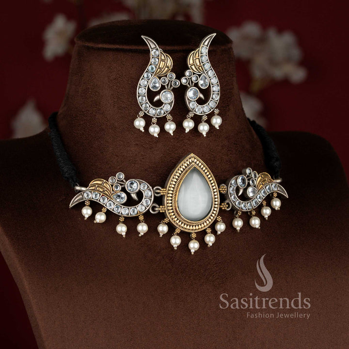 Pure white antique oxidised peacock pearl choker jewellery set for graceful dressing – Sasitrends