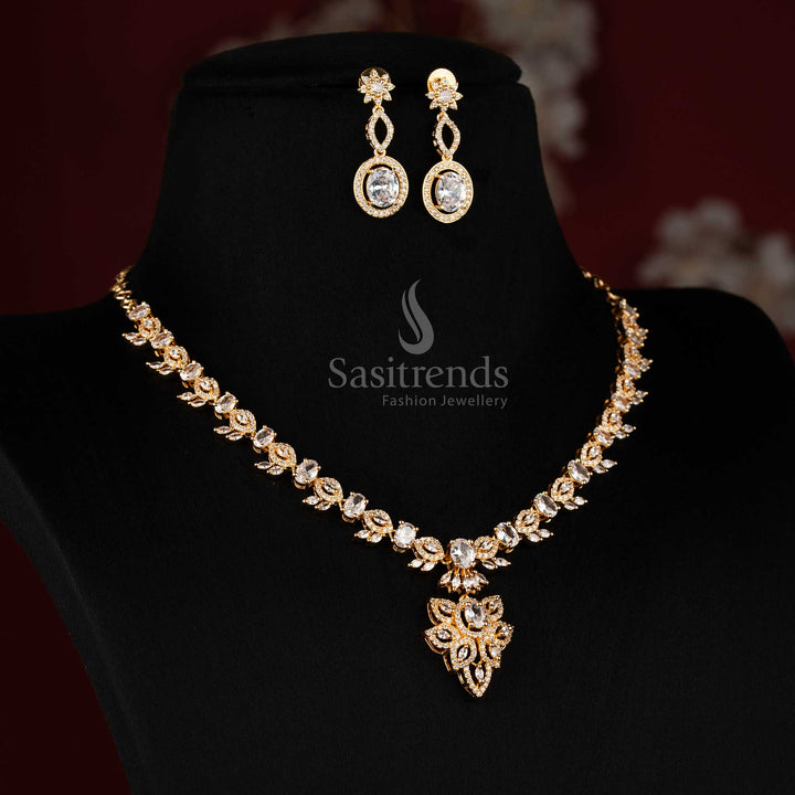 Radiant white leaf floral American diamond micro gold plated necklace set featuring oval accents, graceful ornament inspired by real gold finish for celebrations and ethnic attire - Sasitrends