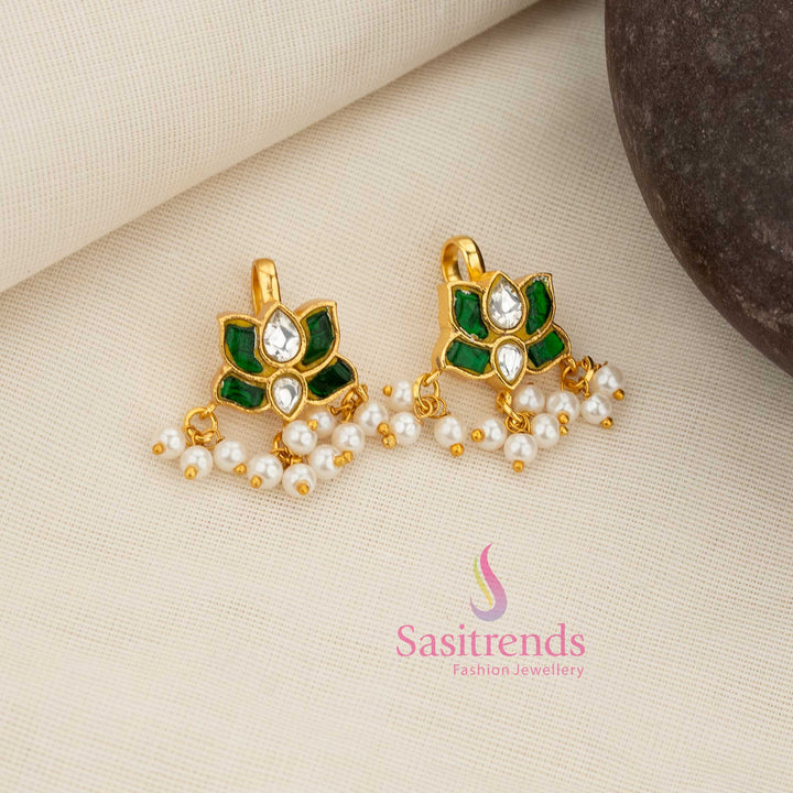 Graceful white-green Kundan lotus bugadi earcuff enhanced with pearl drops for cultural, festive, and refined traditional jewellery looks – Sasitrends