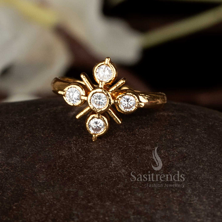 Radiant white Impon Addigai micro gold plated adjustable Panchaloha ring with shimmering AD stones ideal for cultural occasions and festive attire – Sasitrends
