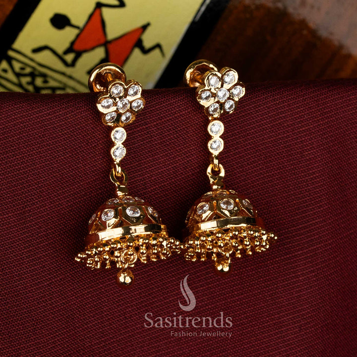 Elegant white impon addigai micro gold plated floral screw jhumka earrings suitable for festive traditional functions - Sasitrends
