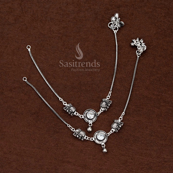 Captivating oxidised white Monalisa stone elephant anklets with circular motifs for festive and cultural celebrations – Sasitrends