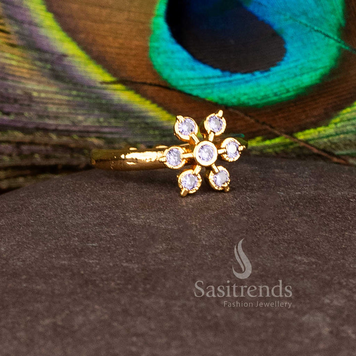 Royal Impon micro gold plated white round AD stone flower ring with Panchaloha design, crafted for radiant festive jewellery elegance – Sasitrends