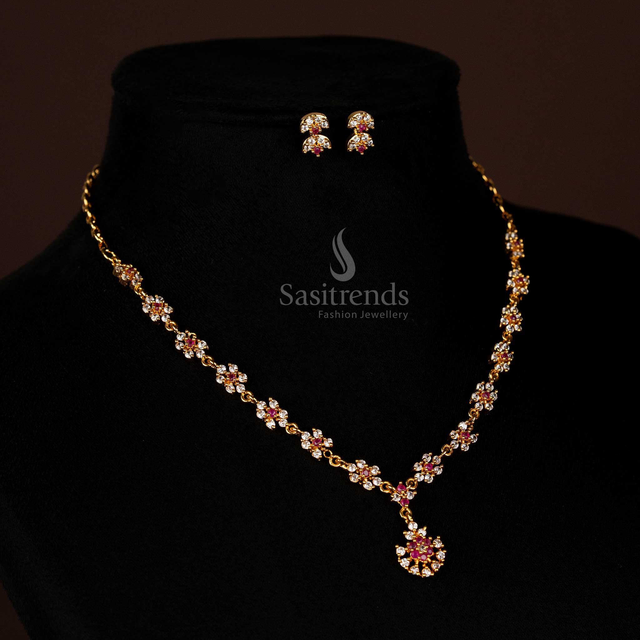 Charming White Ruby Stone Micro Gold Plated Floral Necklace Set With Sparkling AD Work And Festive Jewellery Look - Sasitrends