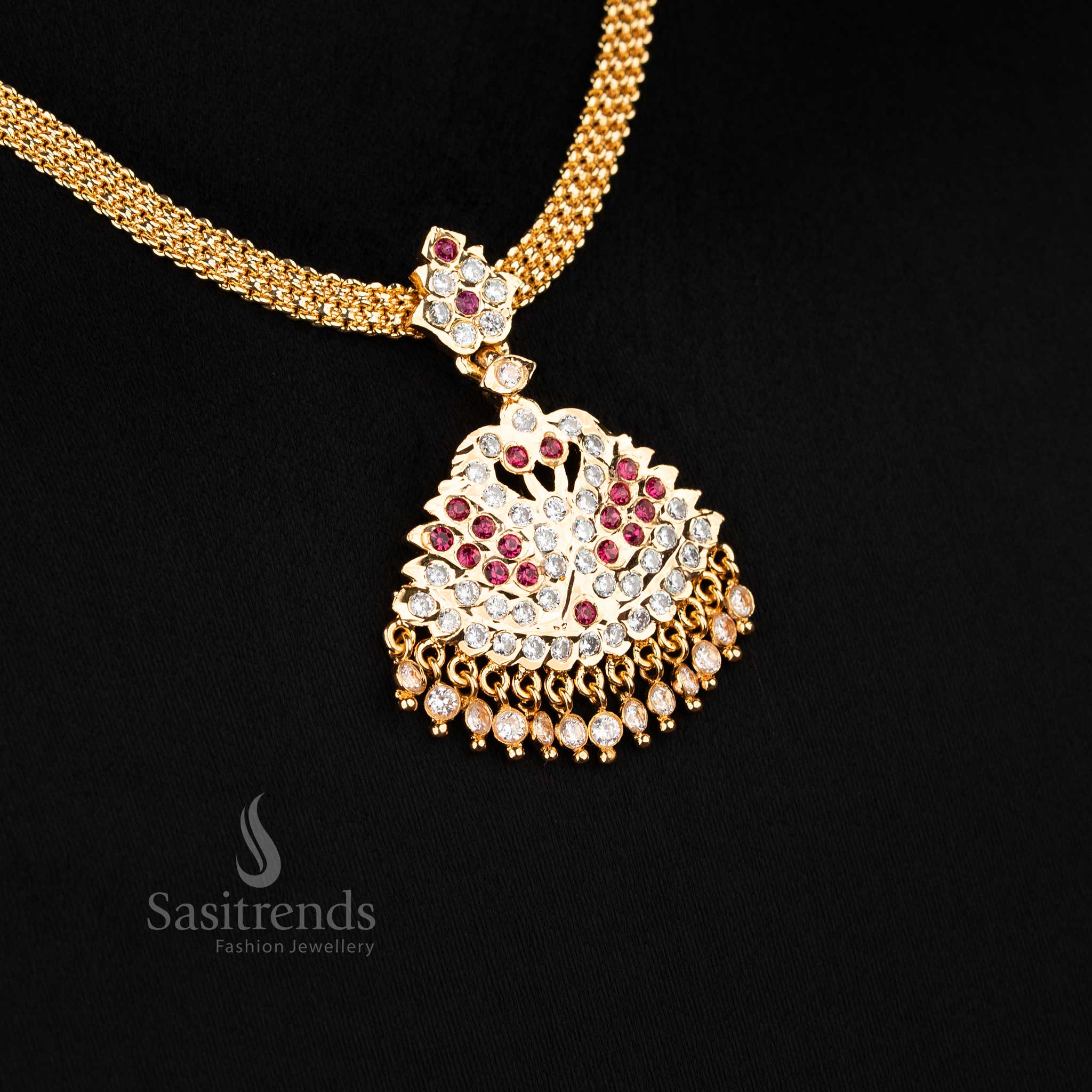 Trendy Indian Attire Look: Micro Gold Plated Peacock Designer Addigai American Diamond Pendant Necklace - Sasitrends