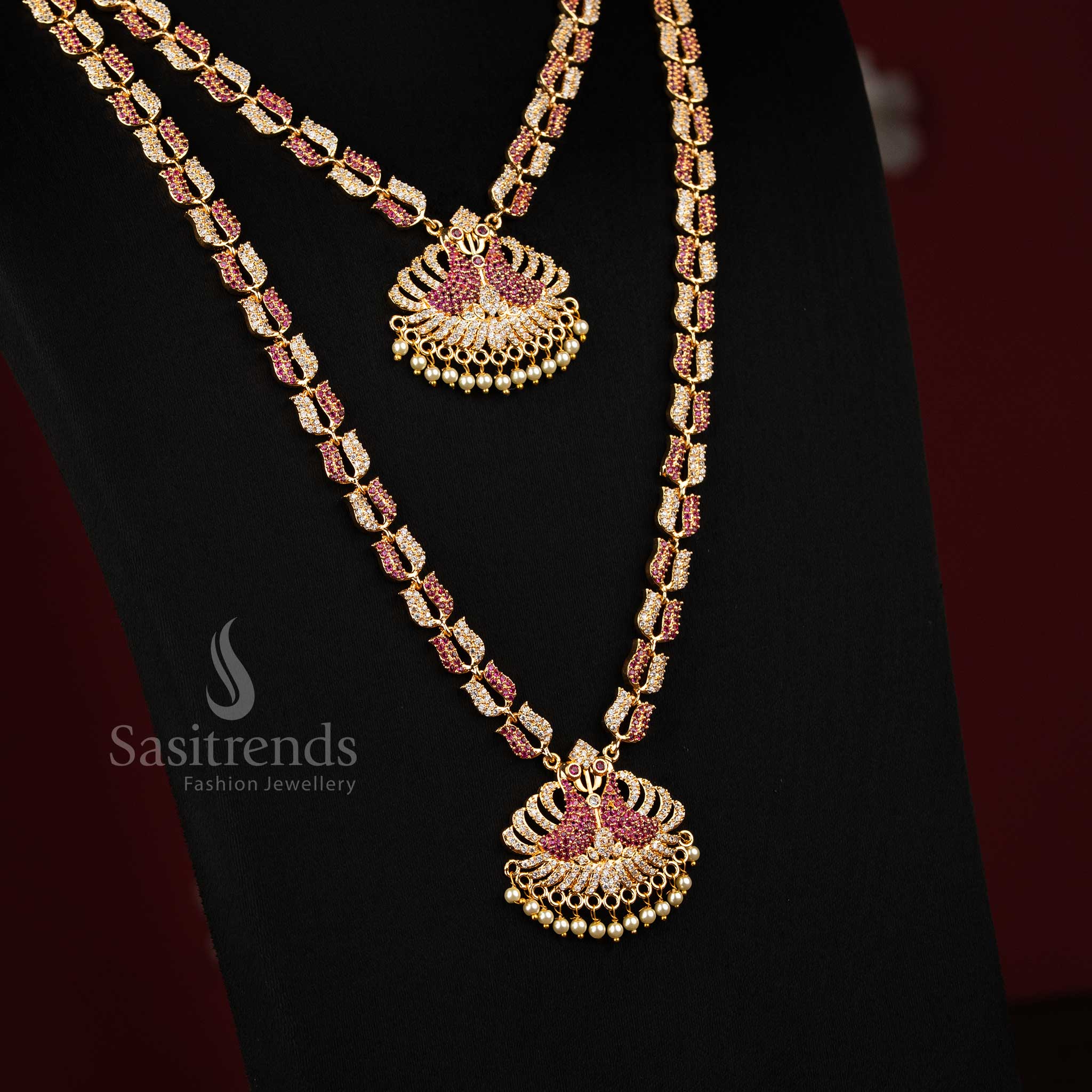 Classic white ruby American diamond peacock lotus short long necklace set, beautiful jewellery for bridal saree styling - Sasitrends