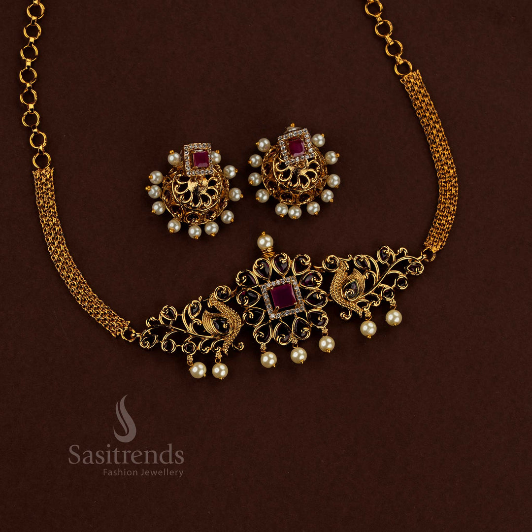 Royal peacock design white ruby square American diamond temple matte gold choker necklace set suitable for saree ensembles temple functions and ethnic gatherings - Sasitrends