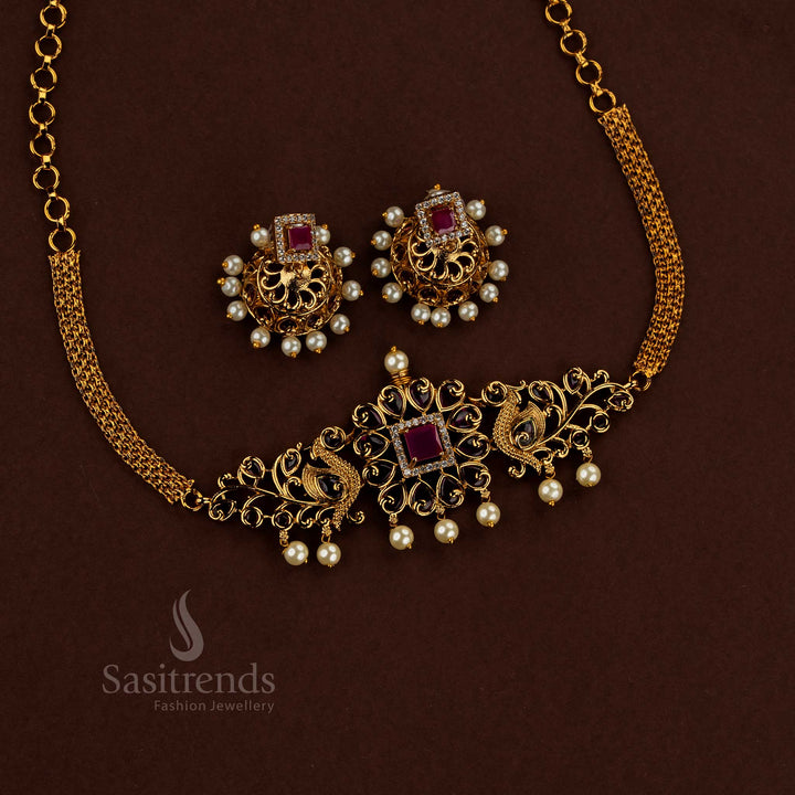 Temple Matte Gold Plated Peacock with Square AD Choker Necklace Set for Traditional Saree Wear, Temple Visits & Ethnic Occasions