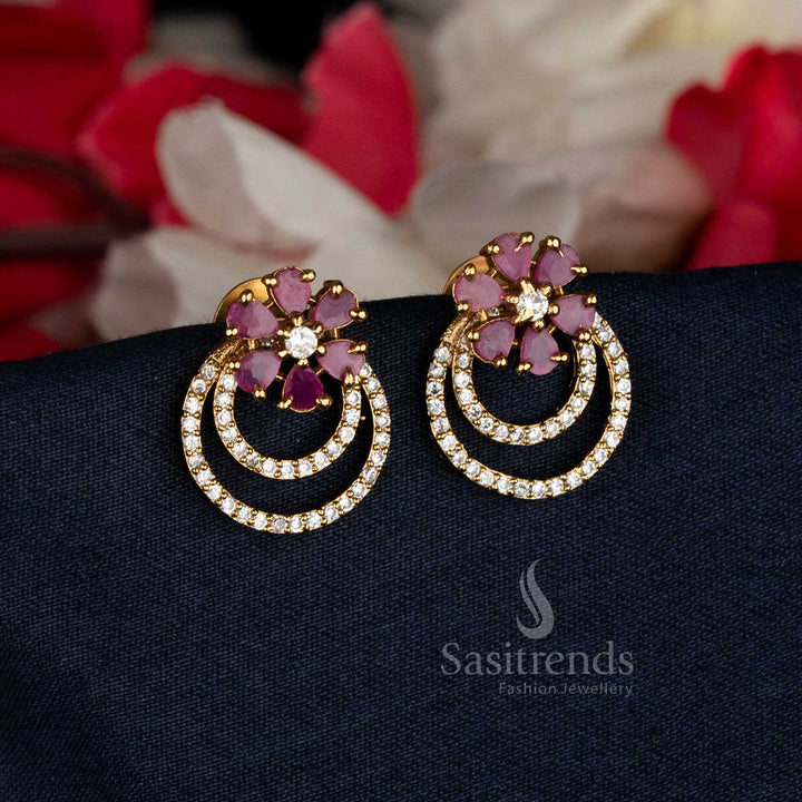 Radiant white-ruby matte gold plated crescent floral earrings with changeable AD stones for festive elegance – Sasitrends