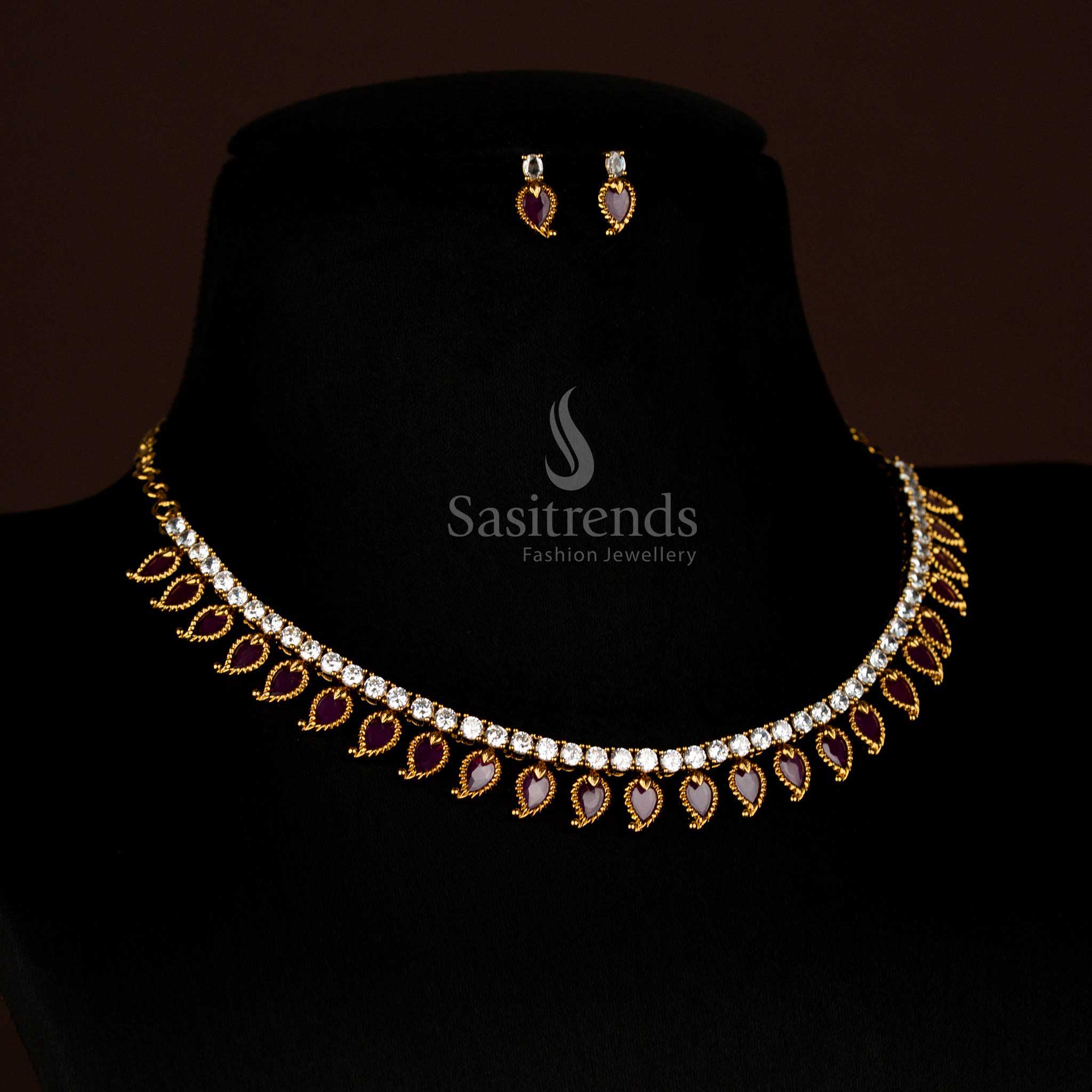 Radiant White-Ruby Matte Gold Temple Palakka Mango AD Stone Short Necklace featuring Artistic Detailing for Designer Wedding Jewellery – Sasitrends