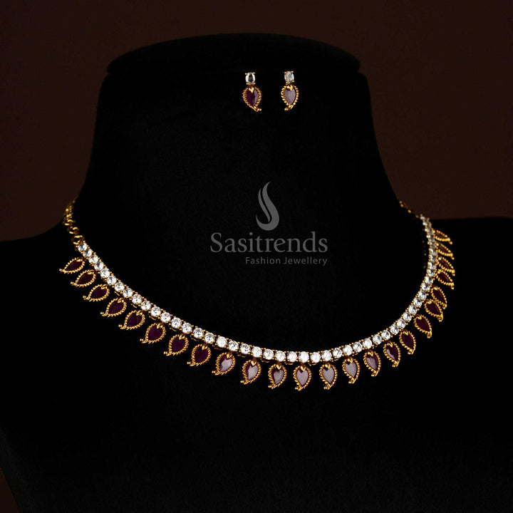 Radiant White-Ruby Matte Gold Temple Palakka Mango AD Stone Short Necklace featuring Artistic Detailing for Designer Wedding Jewellery – Sasitrends