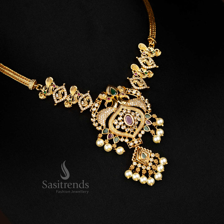 Bridal Temple Wear Peacock Necklace Set with AD Stones and Earrings - Sasitrends