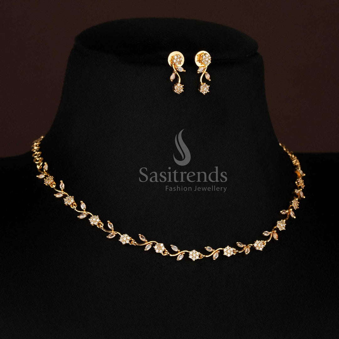 Glamorous micro gold plated floral vine necklace set embellished with American diamonds and elegant earrings, ideal jewellery for bridal and function looks – Sasitrends

