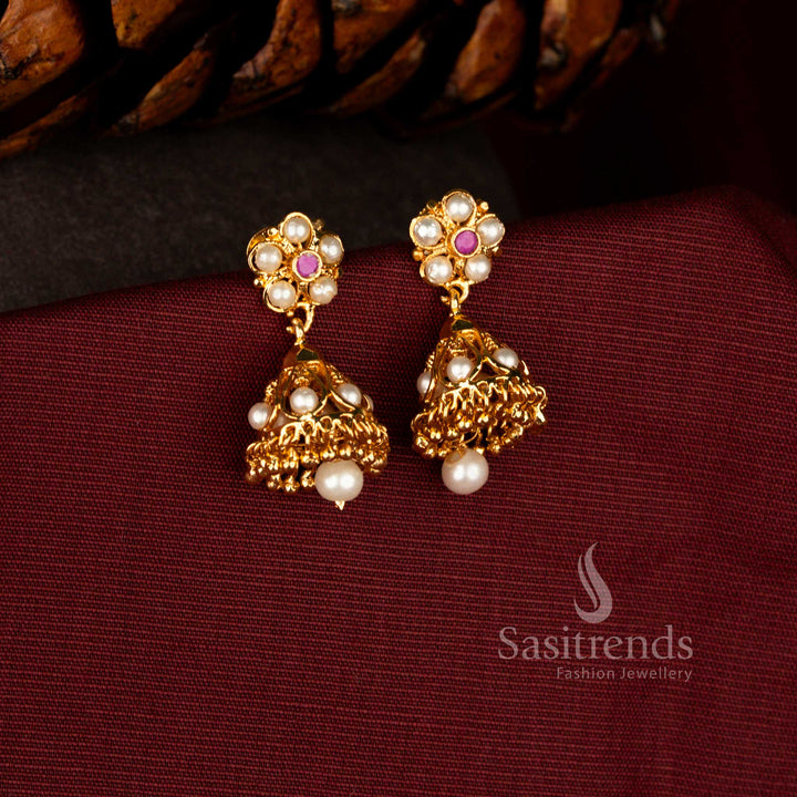 Radiant micro gold earrings in pearl-ruby showcasing floral jhumka silhouette with pavalam and stone detailing, perfect for festive dressing – Sasitrends
