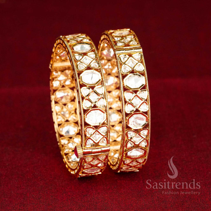 Sasitends | Opulent High Gold-Plated Teardrop, Round, and Oval Kundan Bangles with Premium American Diamond Kundan Stones - Screw Type Openable