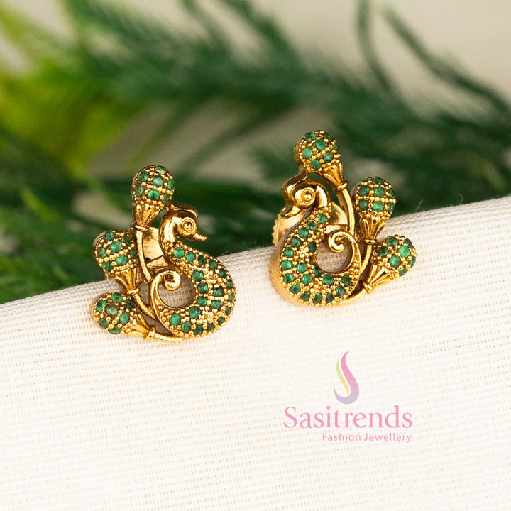 Premium Matte Gold Plated Stylish Peacock American Diamond Stud Earrings for High-Quality Elegance