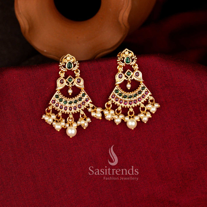 Opulent micro gold plated American Diamond chandbali earrings with pearl hangings in vibrant multi shades perfect for receptions, cultural celebrations, and weddings – Sasitrends