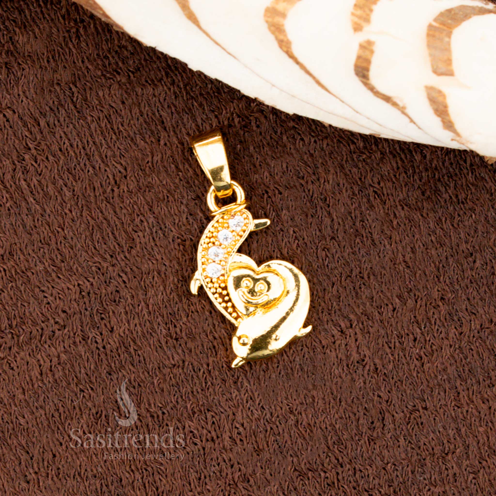 Micro Gold Plated Dolphin Heart Pendant Dollar with AD stones - Sasitrends