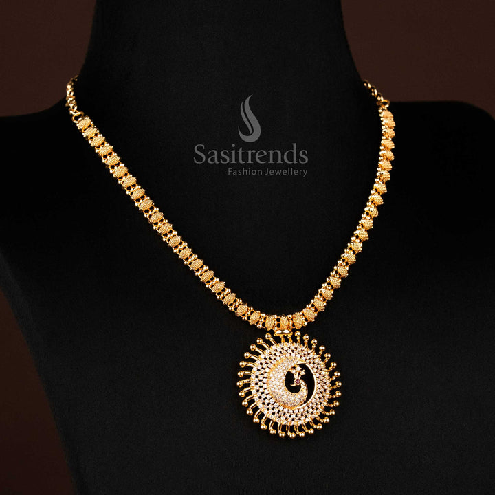 Handcrafted one gram gold necklace with a detailed peacock pendant and sparkling white AD stones, radiating cultural charm and ethnic finesse – a traditional jewellery highlight by Sasitrends