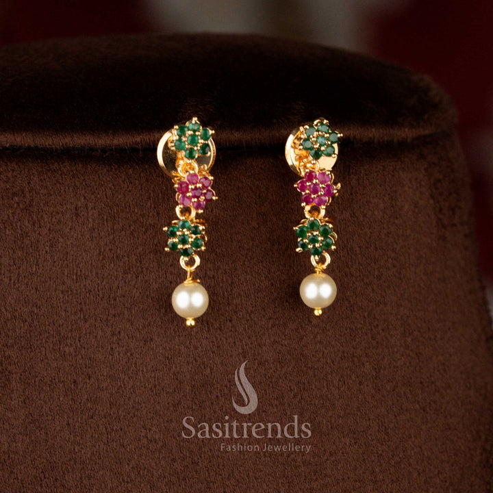 Luminous micro gold plated AD star floral drop earrings in ruby-green with pearls, matching necklace – Sasitrends