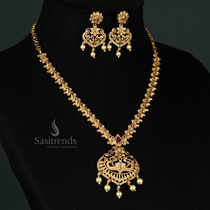Gorgeous Micro Gold Plated American Diamond Jewellery Set with Floral Chain, Peacock Pendant, and Pearl Drops - Sasitrends