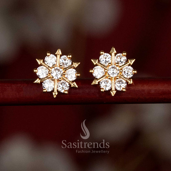 Micro gold plated floral arrow ray AD stone stud earrings for traditional styling - Sasitrends