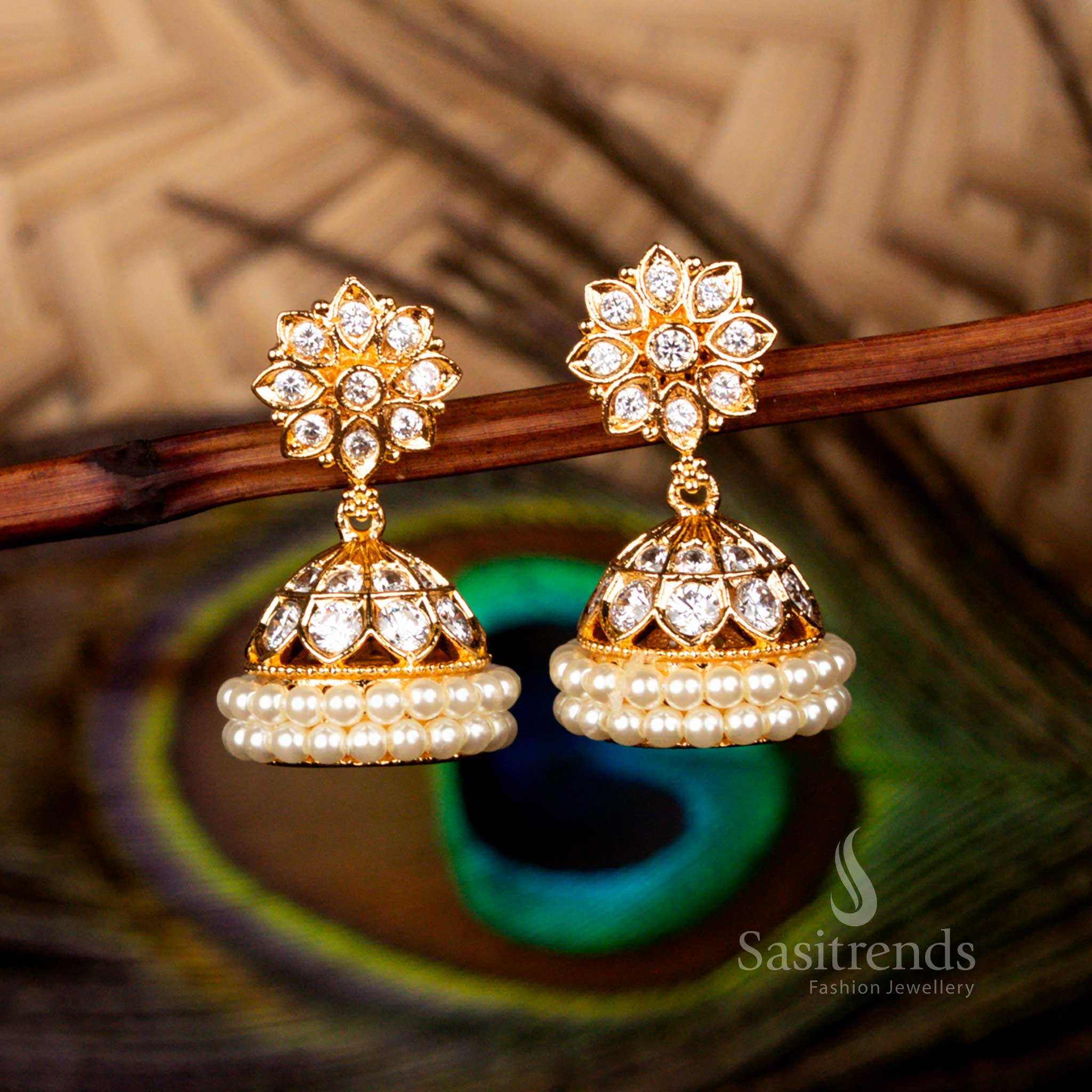 Pristine micro gold plated guaranteed ad stone floral dome pearl earrings in white for bridal wedding collections - Sasitrends